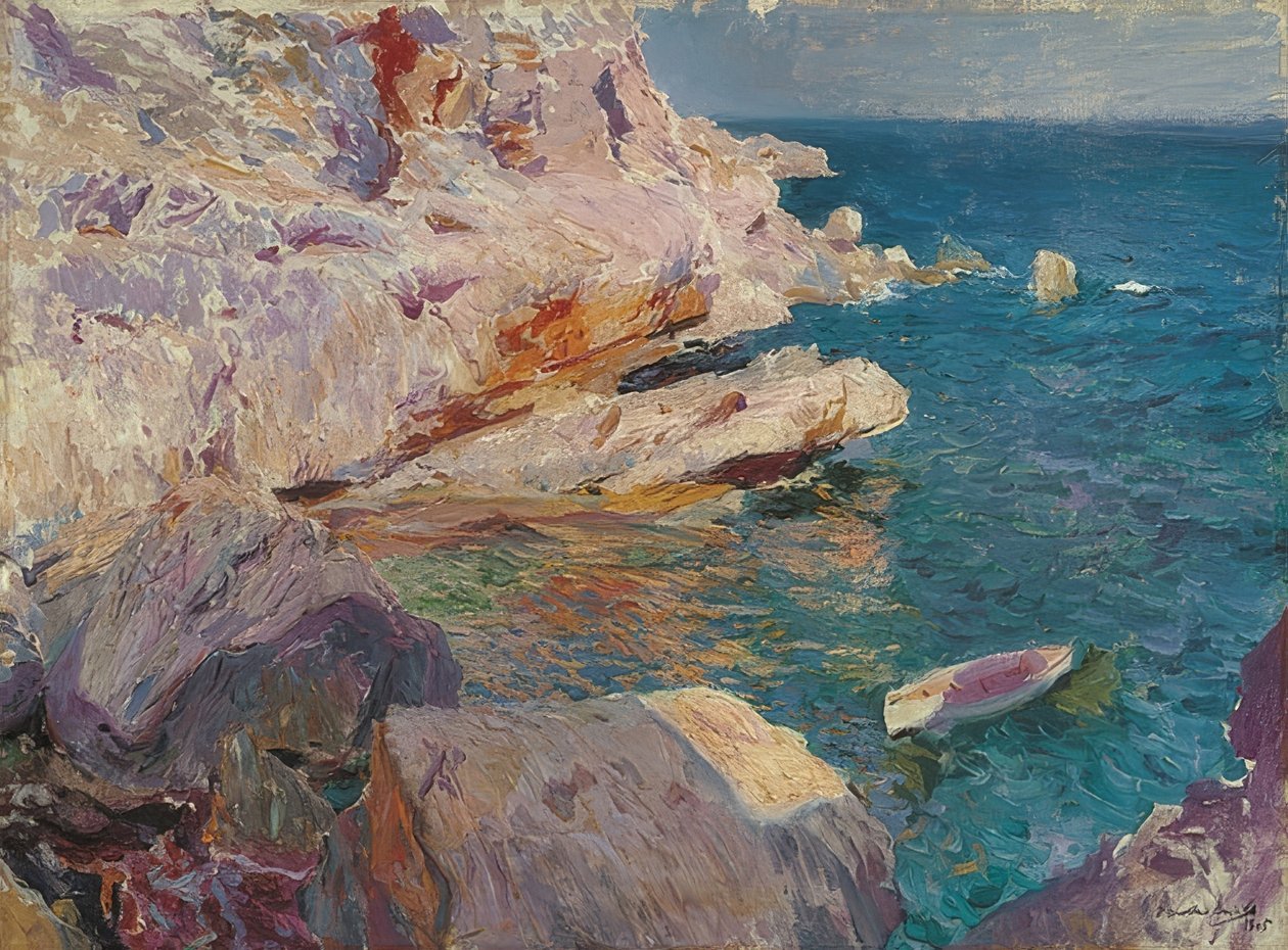 Felsen von Jávea mit weißem Boot von Joaquín Sorolla