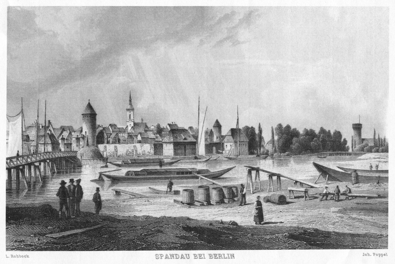 Historische Ansicht von Spandau bei Berlin. Stahlstich. Blick vom Stresow auf die Altstadt von Spandau. Im Vordergrund der Schiffsbauplatz auf dem Stresow, links die Stresow-Brücke (später Charlottenbrücke) von Joh. Poppel L. Rohbock