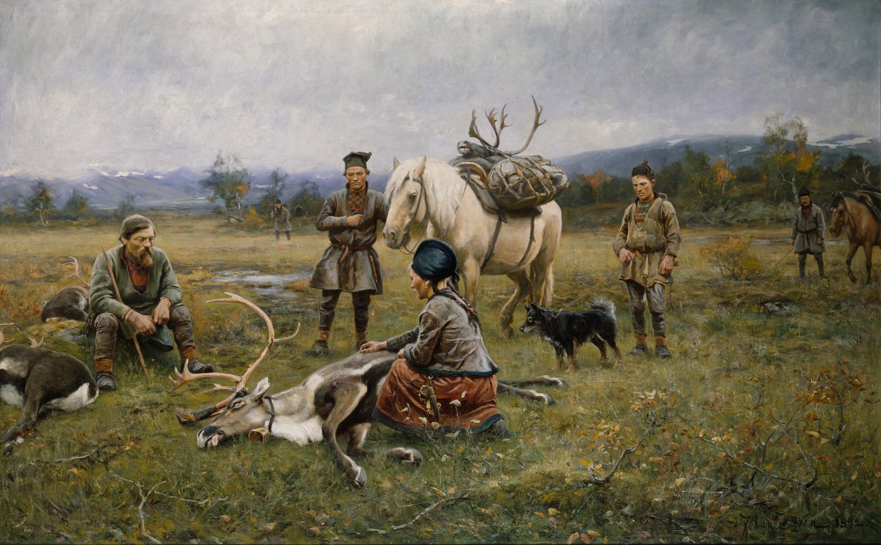 Lappen sammeln erschossene Rentiere, 1892 von Johan Tiren