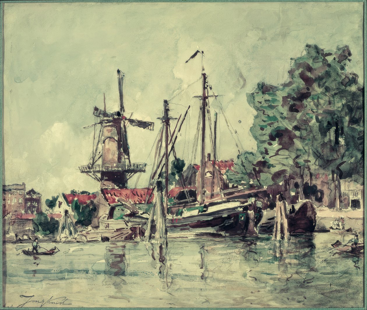 In Holland, die Boote nahe der Mühle von Johan Barthold Jongkind