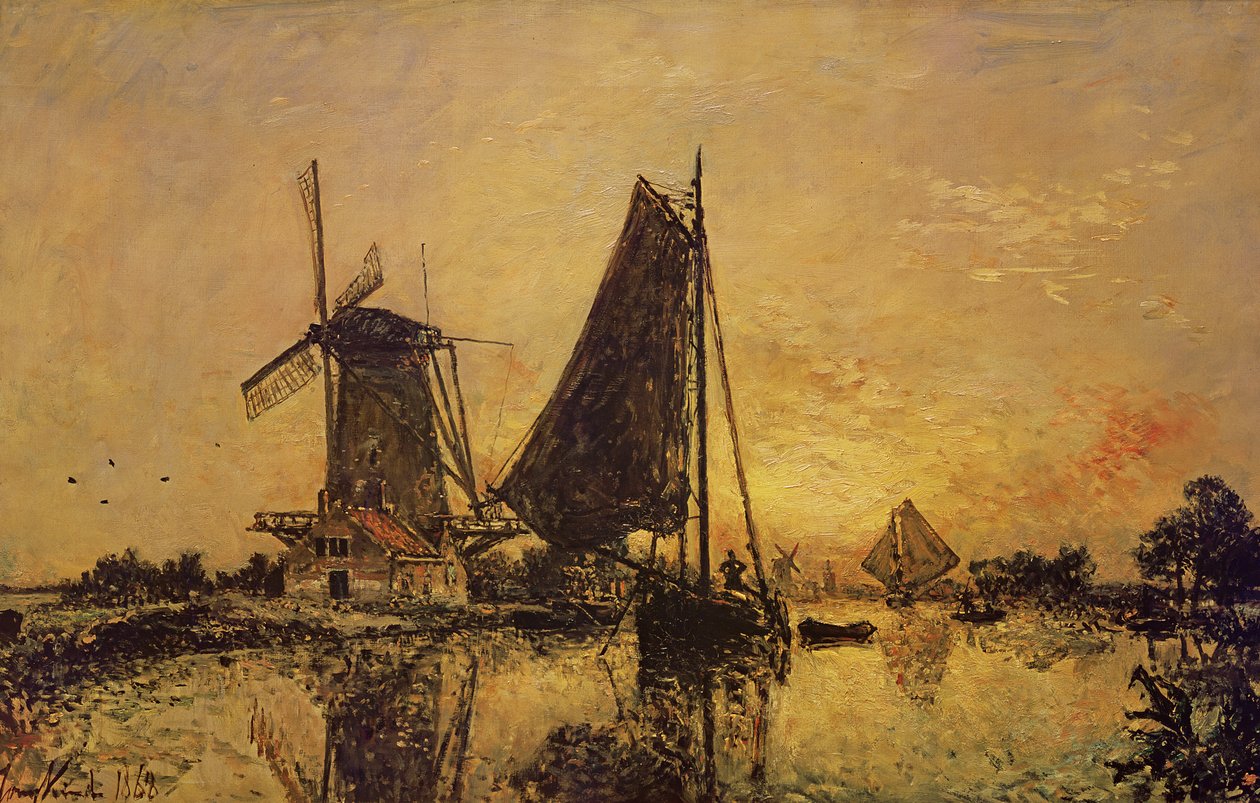 In Holland, Boote in der Nähe einer Windmühle, 1868 von Johan Barthold Jongkind