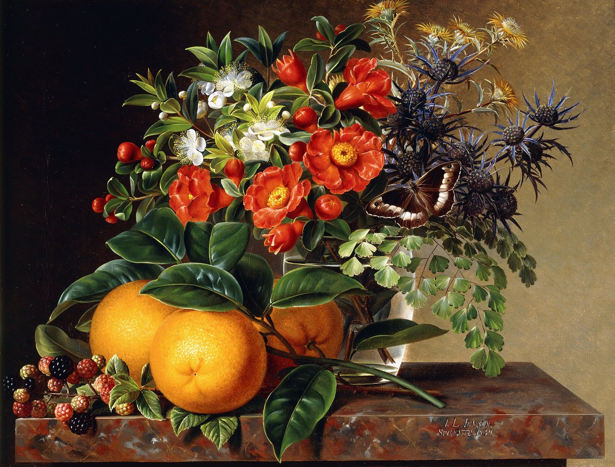 Orangen, Brombeeren und eine Vase mit Blumen auf einem Sims, 1834 von Johan Laurents Jensen
