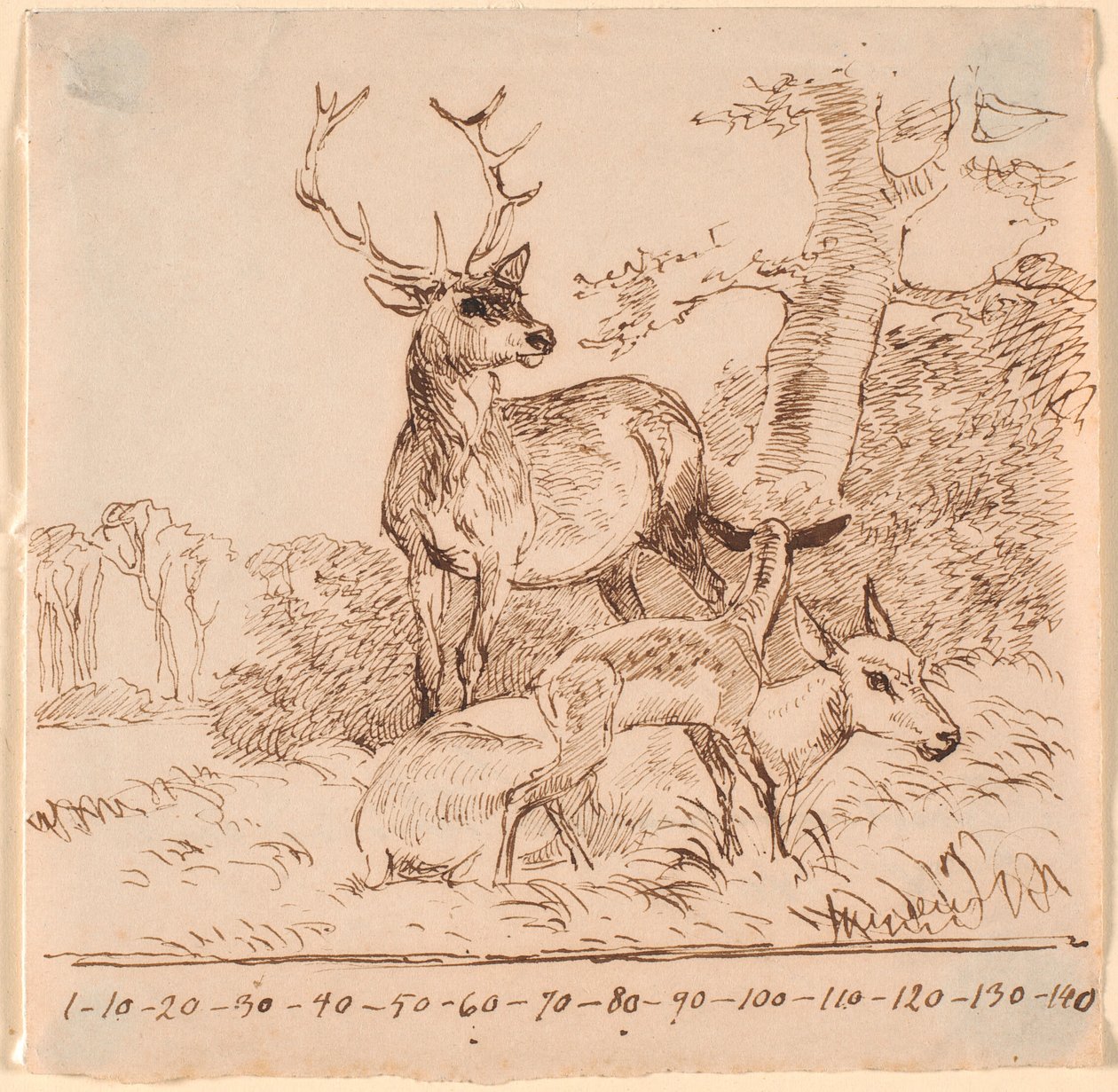 Ein Hirsch, eine Hirschkuh und ihr Kitz von Johan Thomas Lundbye