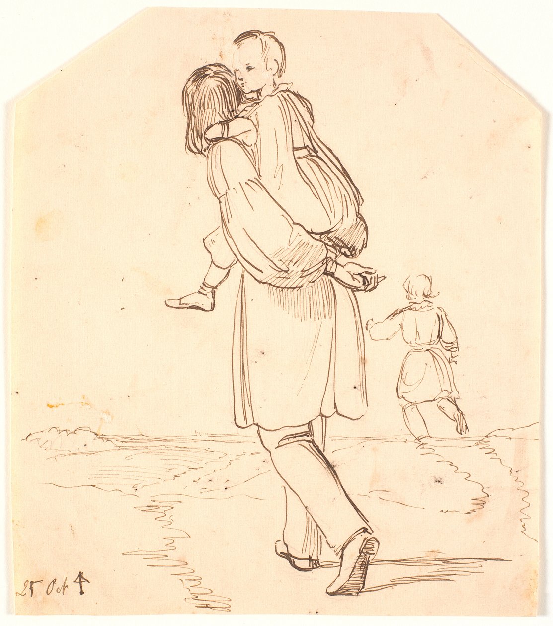 Ein junger Mann trägt ein kleines Mädchen auf seinem Rücken durch eine Landschaft von Johan Thomas Lundbye