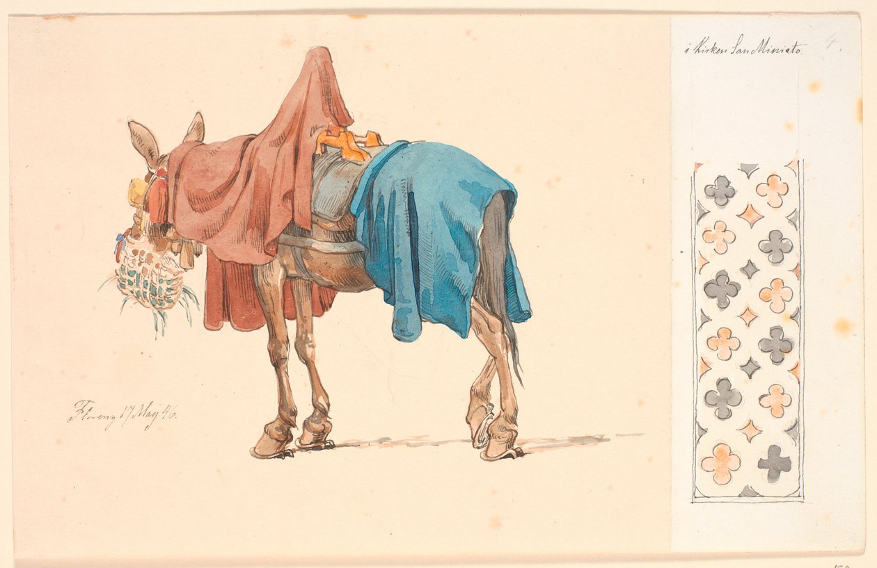 Ein Maultier beim Fressen seines Grünfutters. Rechts auf aufgeklebt Papier eine dekorative Bordüre von Johan Thomas Lundbye