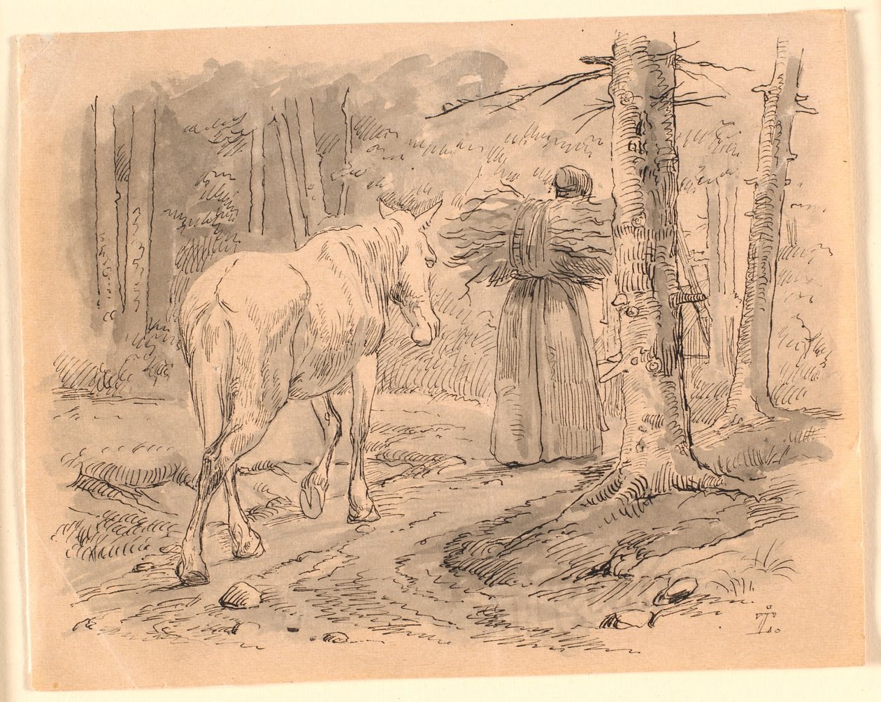 Die Frau und das Pferd. Illustration zu Kaalunds "Fabler for Børn". Siehe Kommentar aus dem Arkatalog. von Johan Thomas Lundbye
