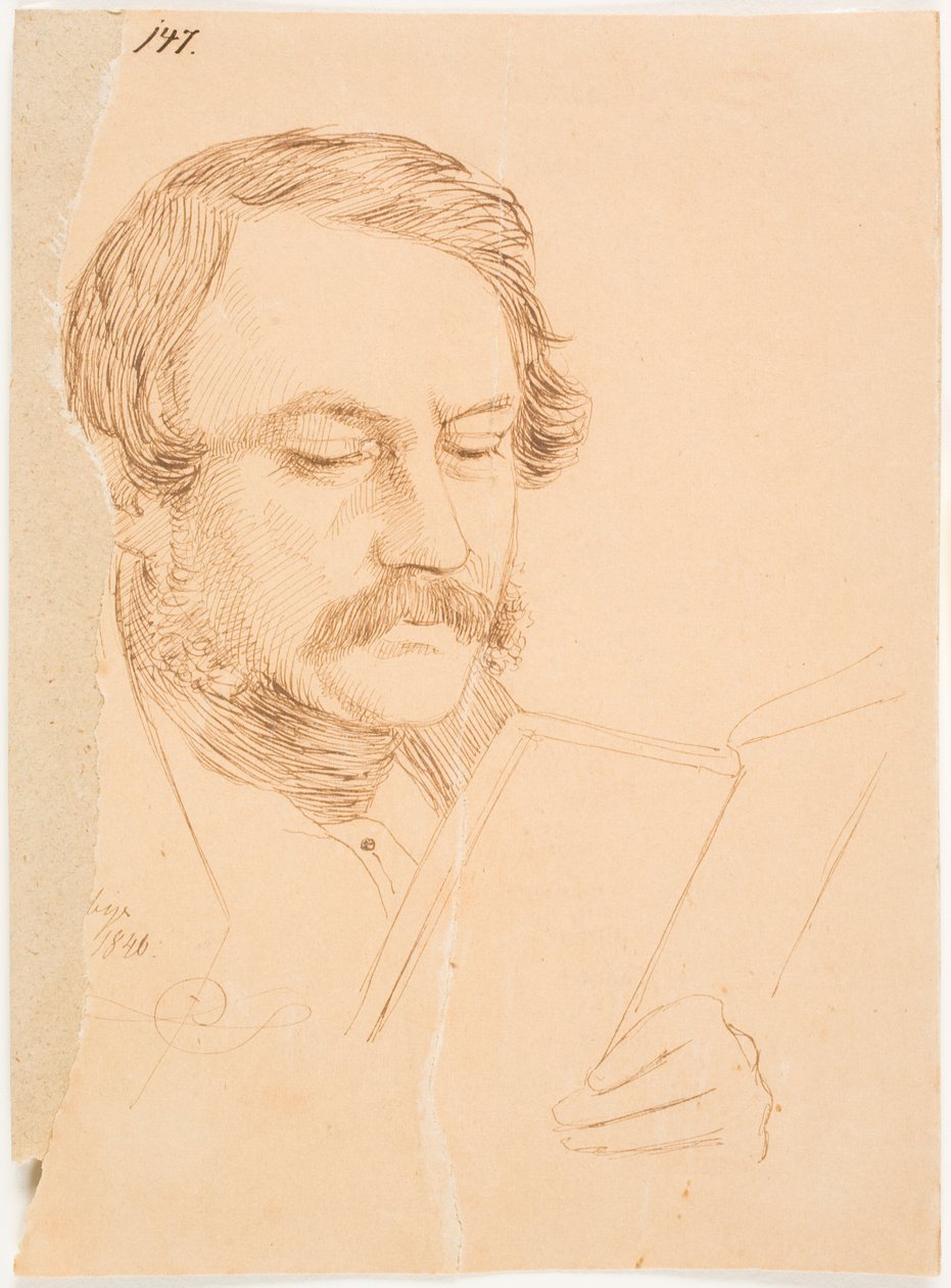 Männerporträt, frontal, leicht nach rechts gewandt, lesend. von Johan Thomas Lundbye