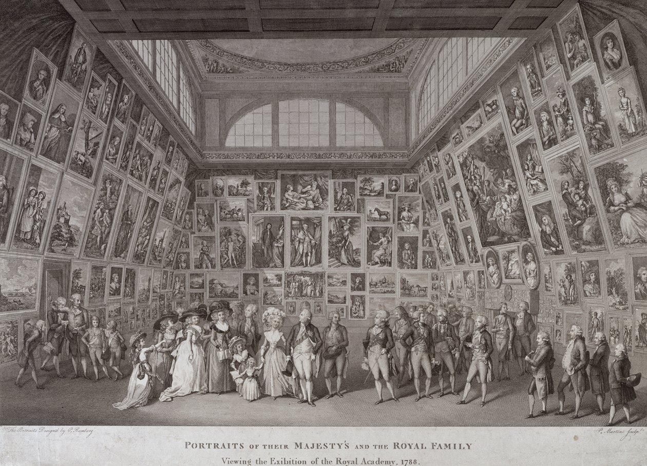 Innenansicht von Somerset House mit König George III., Königin Charlotte und der königlichen Familie bei der Besichtigung einer Ausstellung der Royal Academy of Arts von Johann Heinrich Ramberg