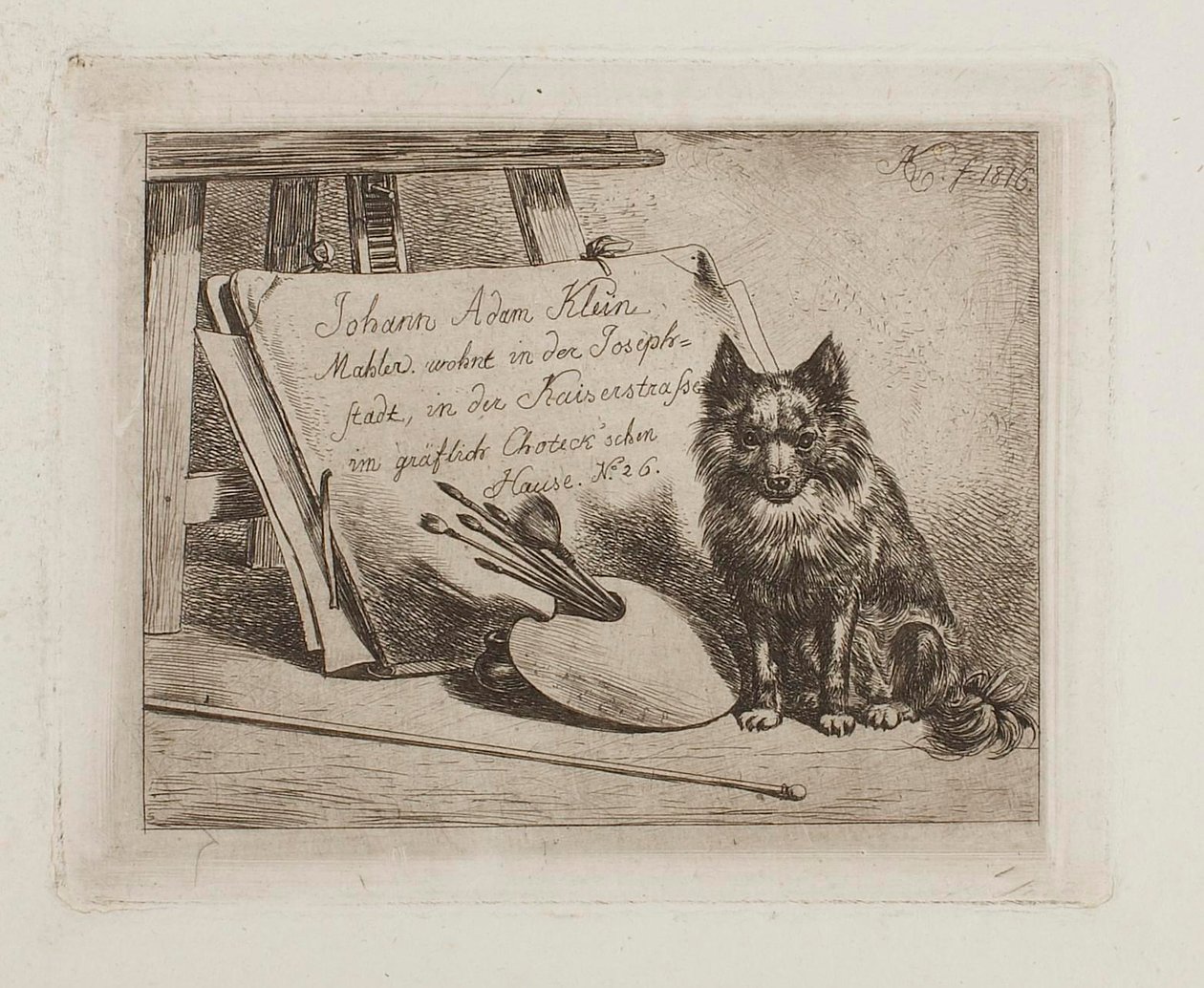 Hund sitzt bei den Malutensilien und dem Portfolio mit der Adresse des Künstlers von Johann Adam Klein