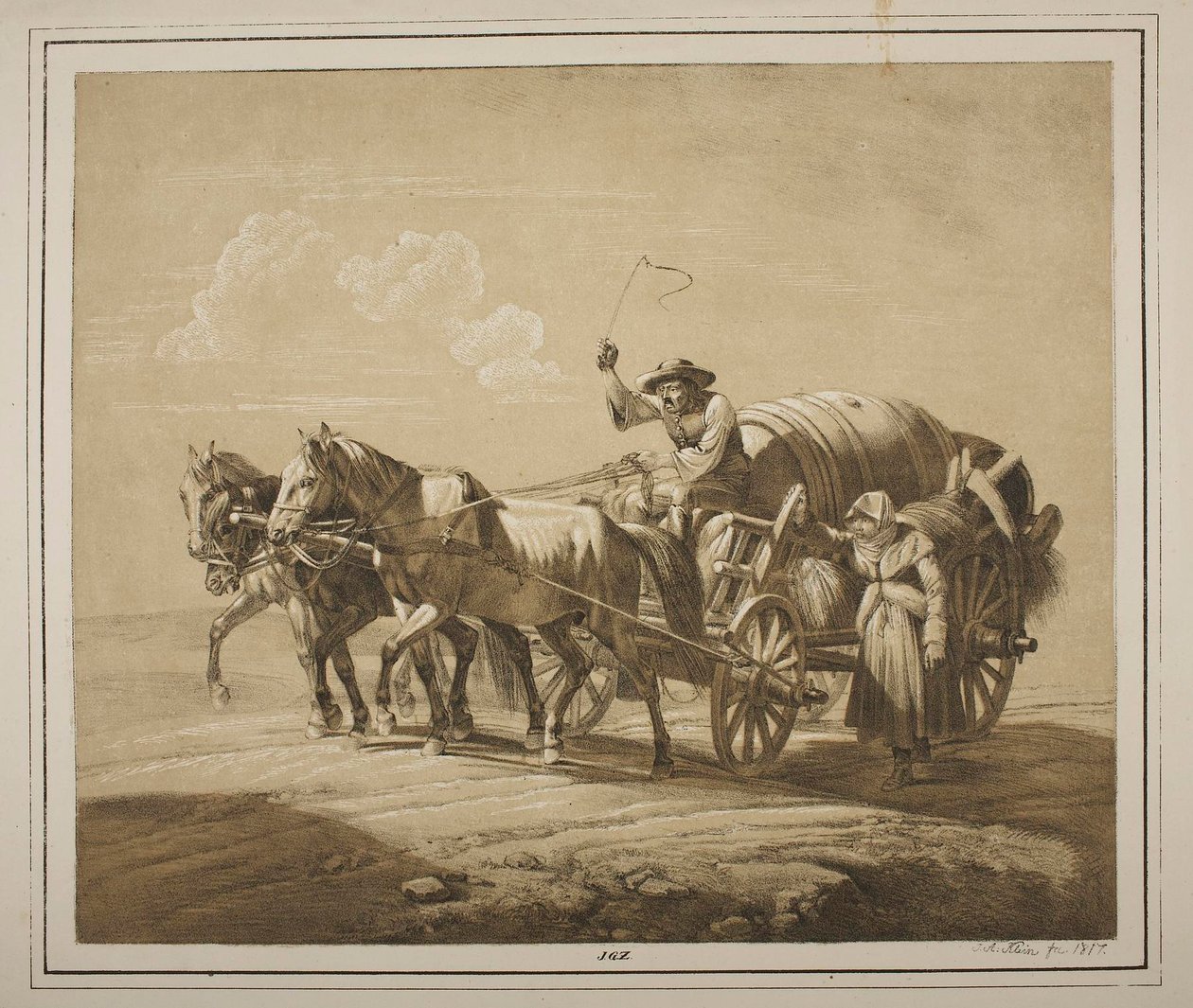 Ungarischer Bauer fährt einen Wagen mit Fässern von Johann Adam Klein
