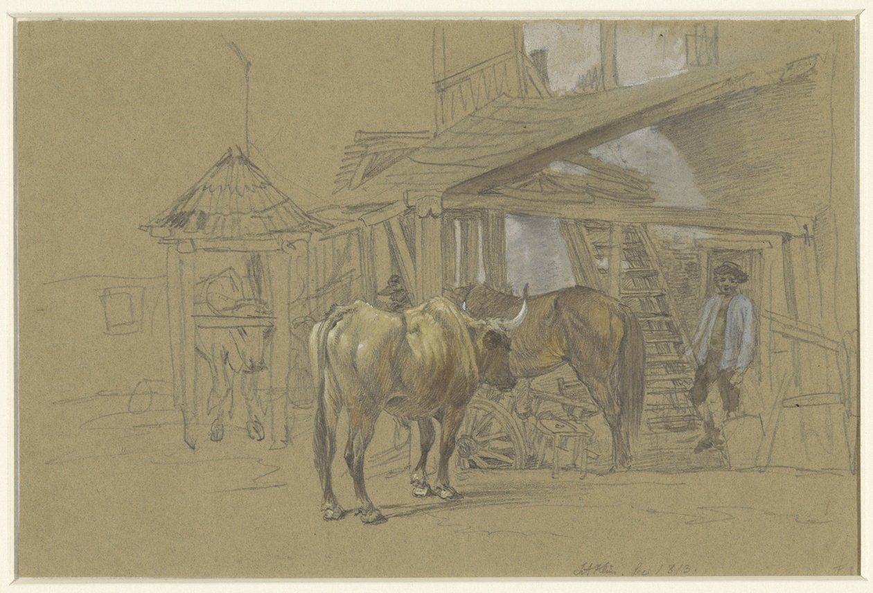 Ochsen und ein Pferd beim Schmied von Johann Adam Klein