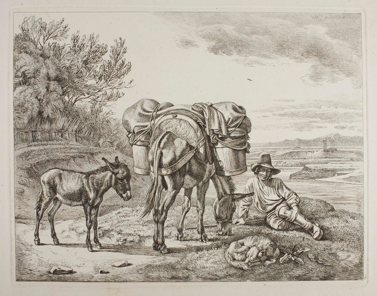 Beladener Maultier mit ruhendem Fahrer von Johann Adam Klein
