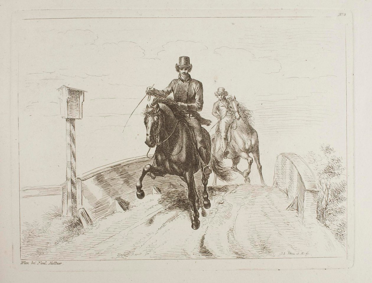Zwei Reiter im Galopp auf einer Brücke von Johann Adam Klein