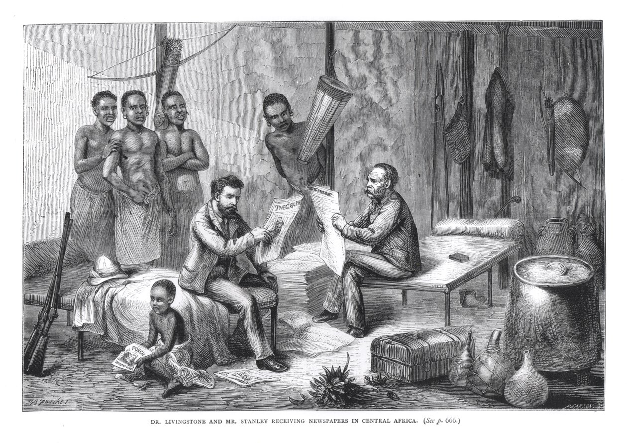 Dr. David Livingstone (1813-73) und Mr. Henry Morton Stanley (1841-1904) erhalten Zeitungen in Zentralafrika, graviert von Pearson von Johann Baptist Zweecker