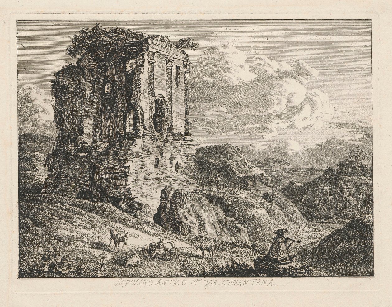 Landschaft mit antikem Grabmal, rechts Ziegen und ein Hirte, der auf einer Flöte spielt von Johann Christian Reinhart