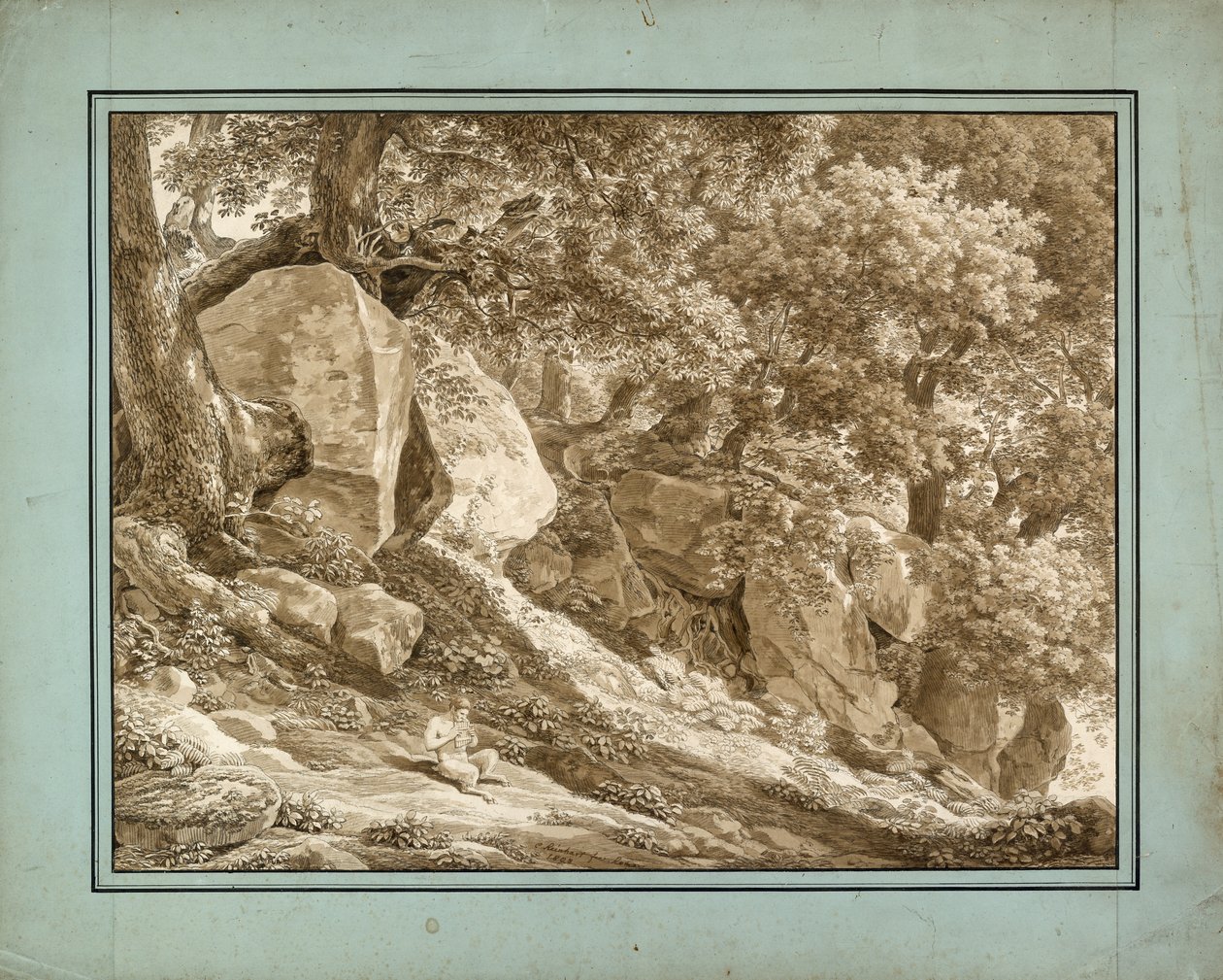 Felsige Landschaft mit Pan, der seine Flöte spielt von Johann Christian Reinhart