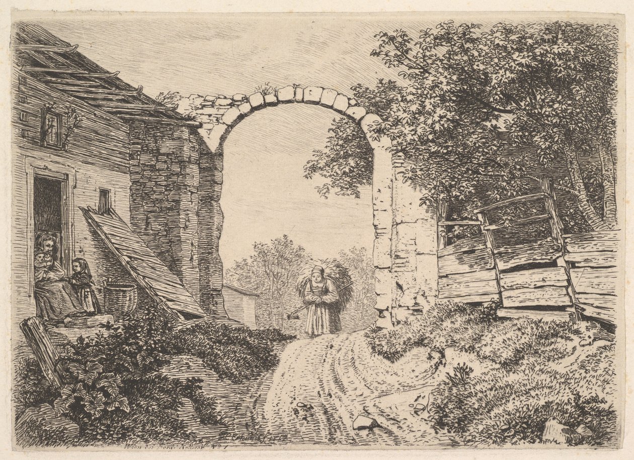 Mädchen mit einer Ladung Heu, außerhalb von Thorbogen von Johann Christoph Erhard
