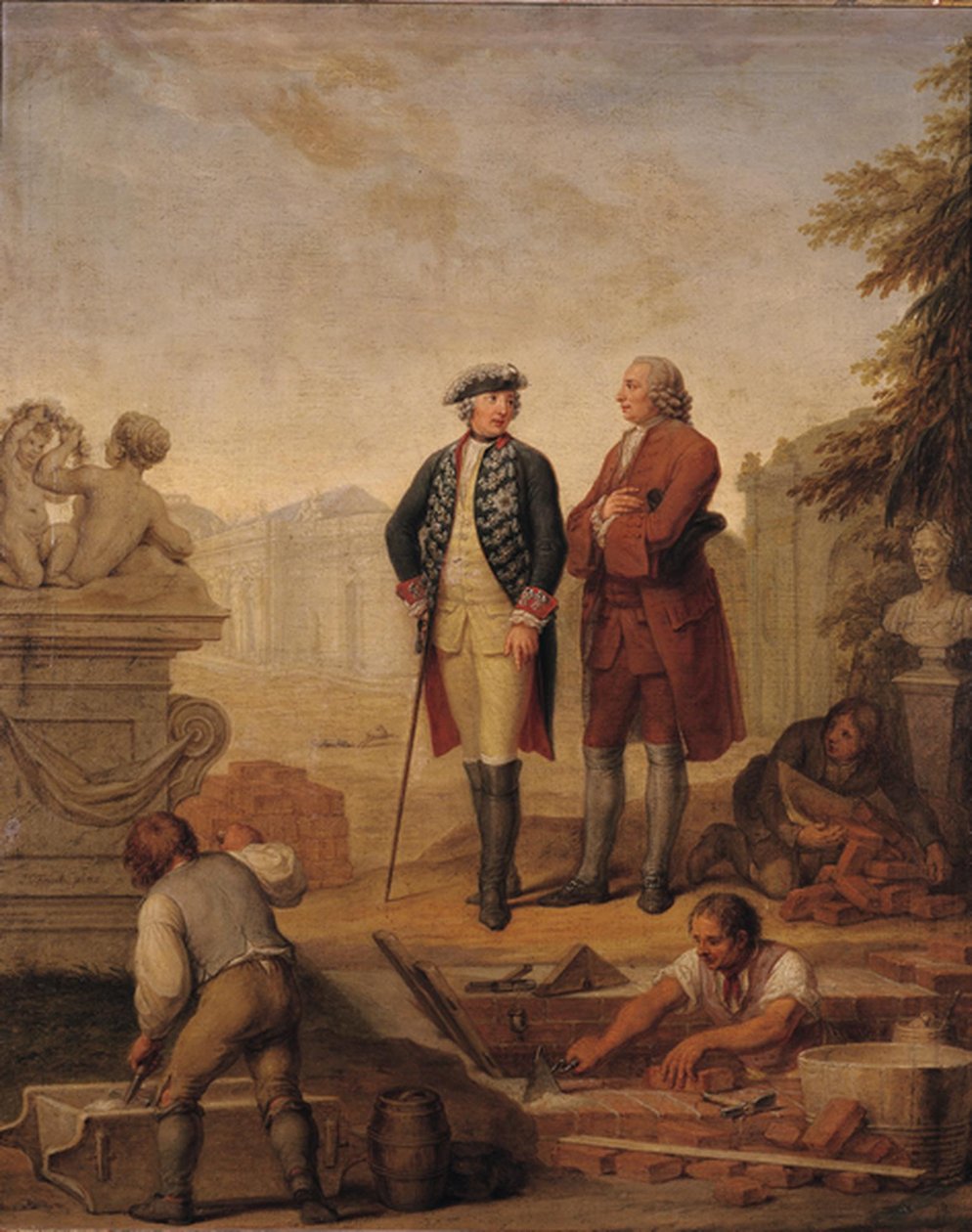 König Friedrich II. von Preußen (1712-86) und der Marquis von Argens (1704-1771) inspizieren den Bau von Sanssouci in Potsdam von Johann Christoph Frisch