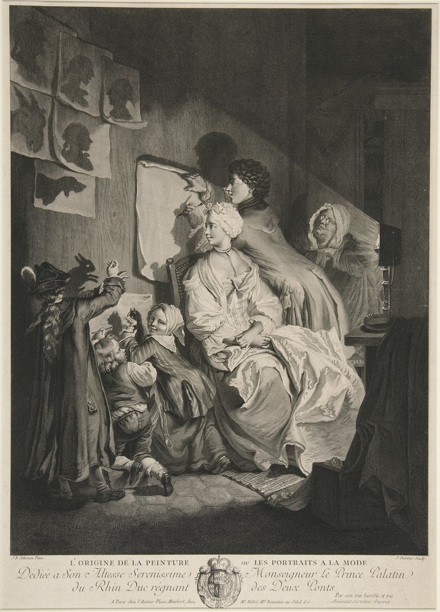 Der Ursprung der Malerei, oder die Porträts à la Mode; veröffentlicht 1767 von Johann Eleazar Schenau