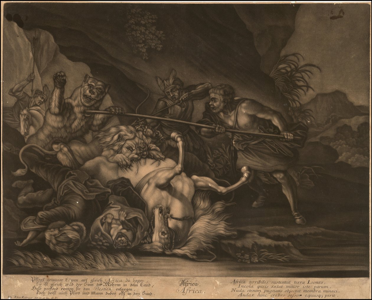 Ca. 1770 allegorische Mezzotinto von Afrika von Johann Elias Ridinger