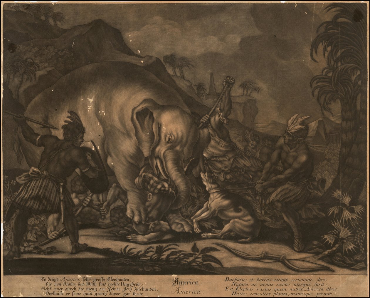 Ca. 1770 allegorische Mezzotinto von Amerika von Johann Elias Ridinger