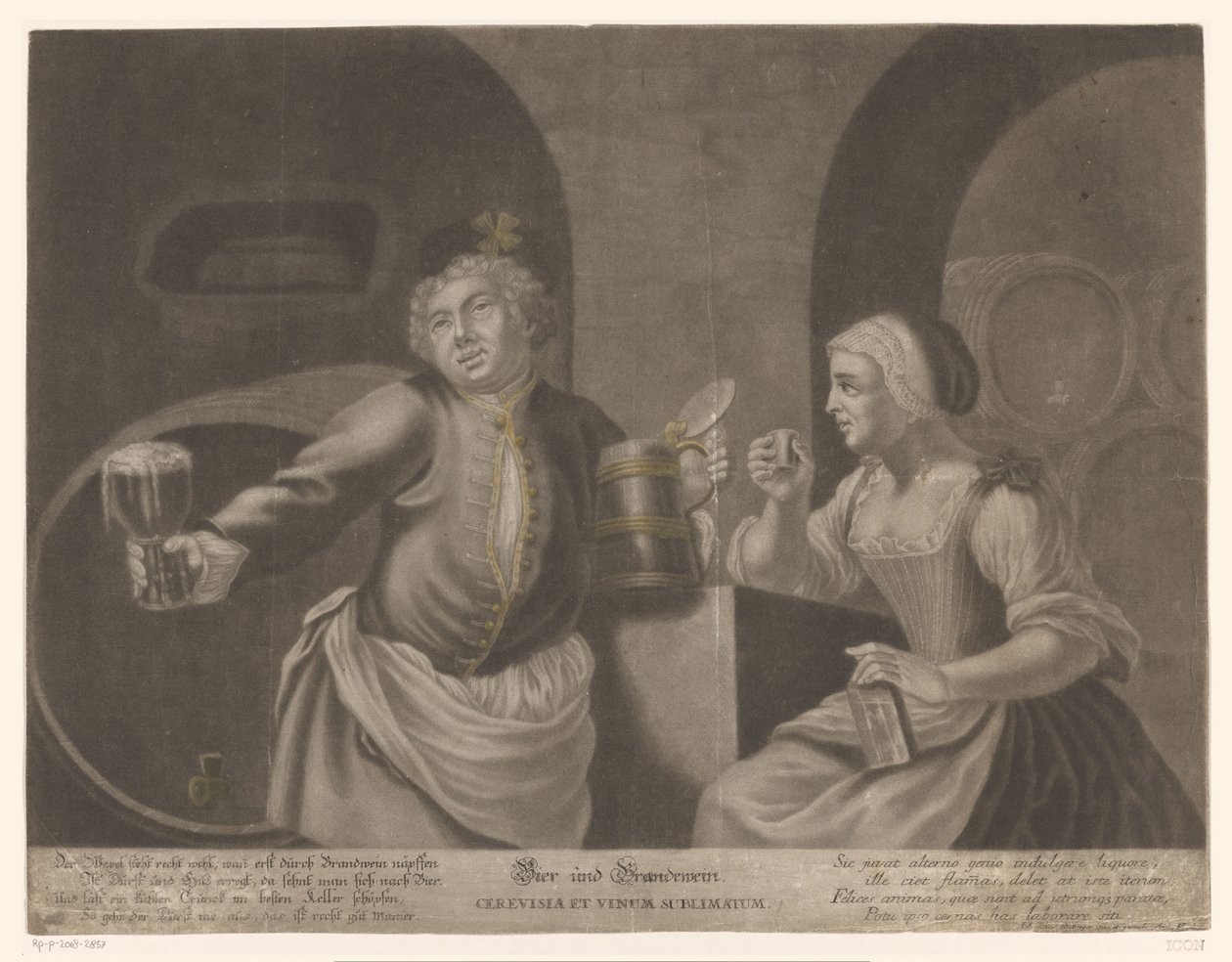 Mann und Frau trinken Bier und Branntwein von Johann Elias Ridinger