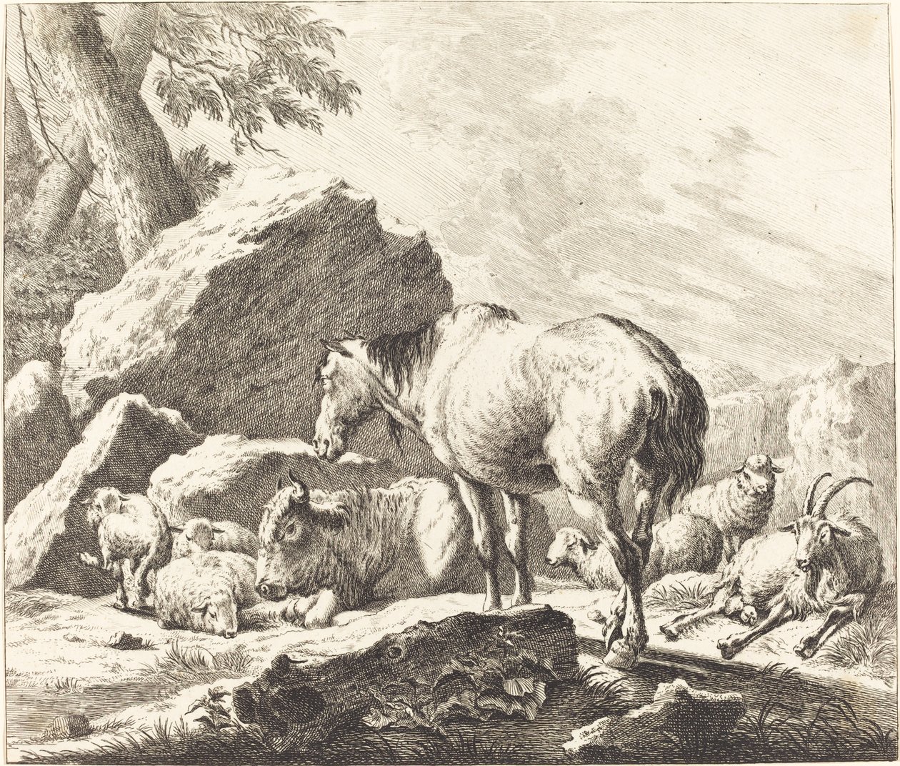 Ein Pferd, Büffel, Schafe und Ziege in einer italienischen Landschaft von Johann Elias Ridinger after Johann Heinrich Roos