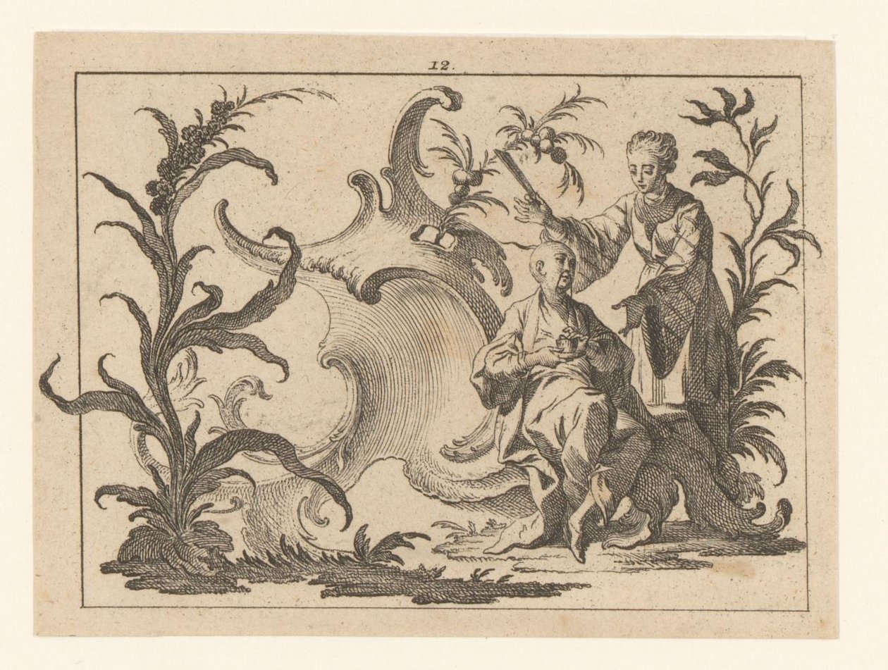 Chinese mit Tasse und Untertasse, sitzend in einem Rokoko-Ornament, neben ihm steht eine Frau mit Fächer von Johann Esaias Nilson