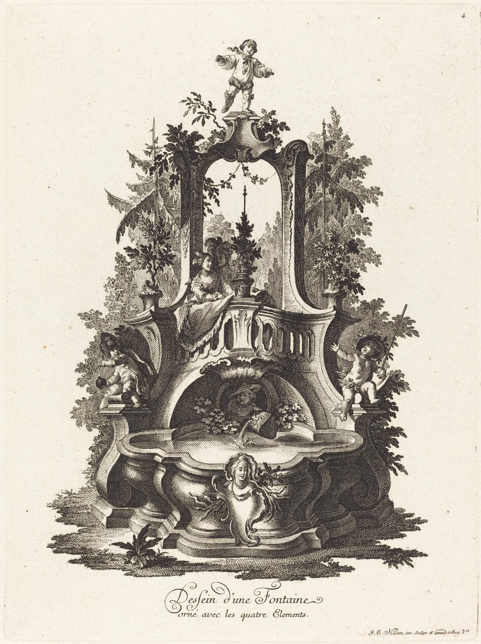 Entwurf für einen Brunnen, dekoriert mit den vier Elementen von Johann Esaias Nilson