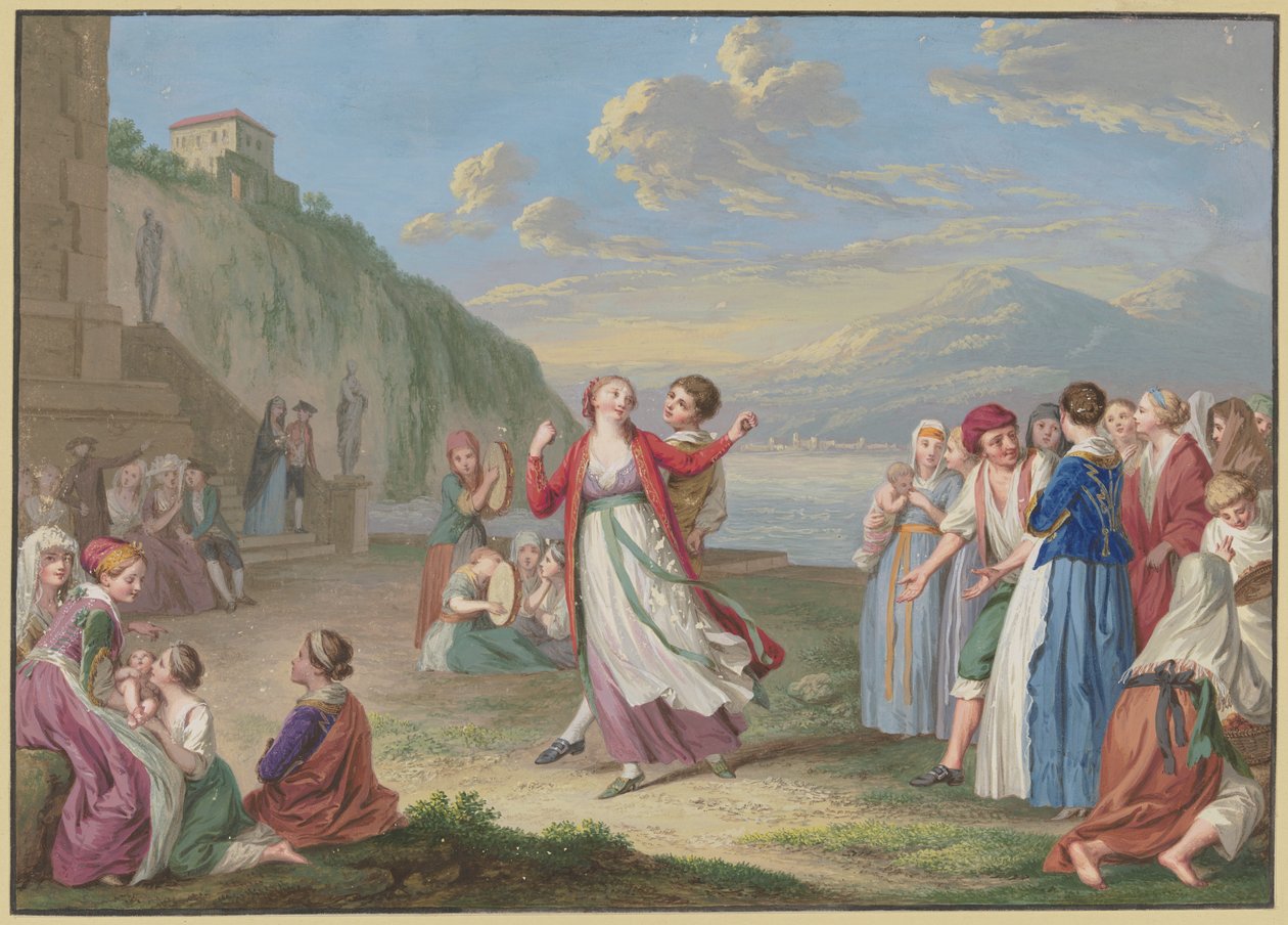 Italienische Landleute unterhalten sich am Seeufer mit Spiel und Tanz, im Hintergrund hohe Berge von Johann Friedrich August Tischbein