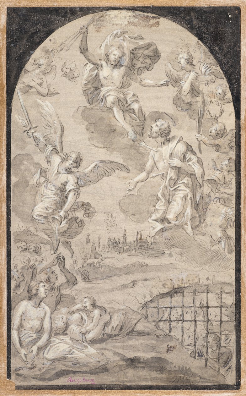 Heiliger, der bei Christus Fürsprache einlegt, um den Blitz nicht auf die Stadt Augsburg zu schleudern von Johann Georg Melchior (1625 1705) Schmittner