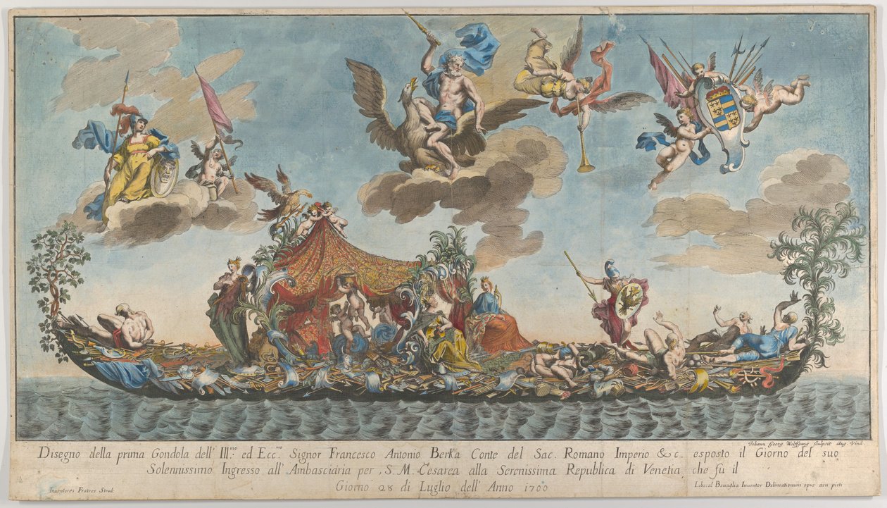 Die hochverzierte erste Gondel von Francesco Antonio Berka, die Venedig betritt, Götter auf cl..., 1700 von Johann Georg Wolfgang