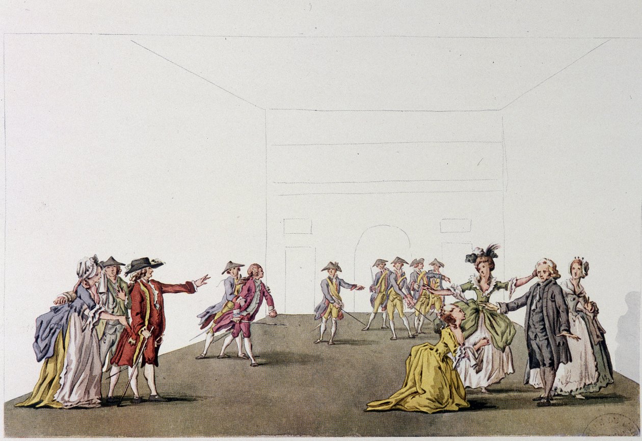 Letzte Szene des „Père de famille“ von Denis Diderot - Faksimile - Gravur nach einer Zeichnung von Ziesenis, Coutellier, in „Histoire generale illustree du theatre“ von Johann Georg Ziesenis