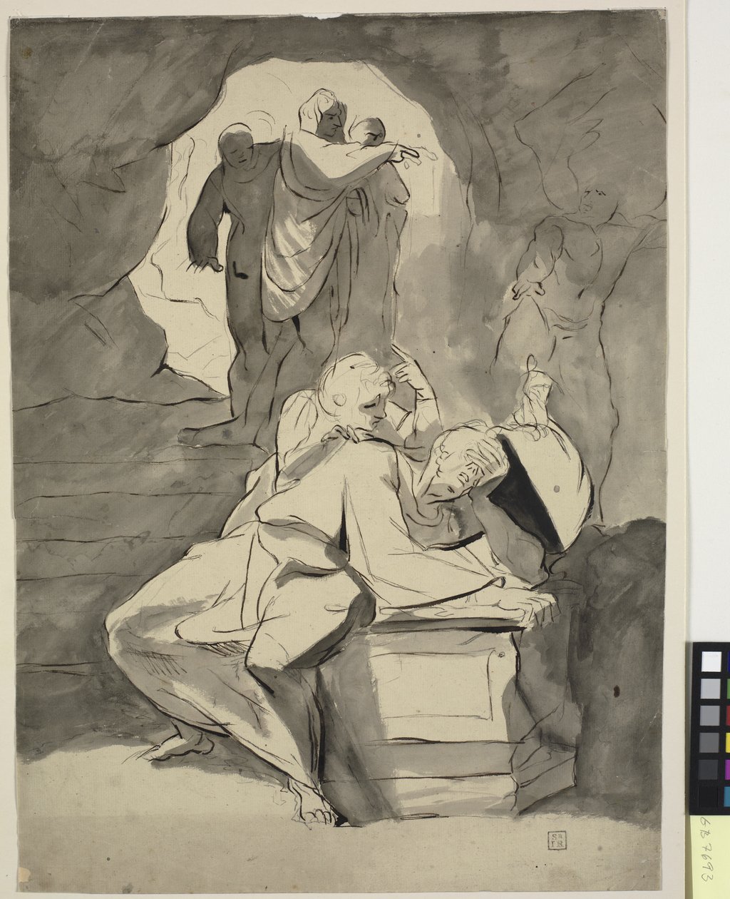Ein Mann in Verzweiflung über einem Grabstein in einer Höhle mit anderen Figuren von Johann Heinrich Füssli