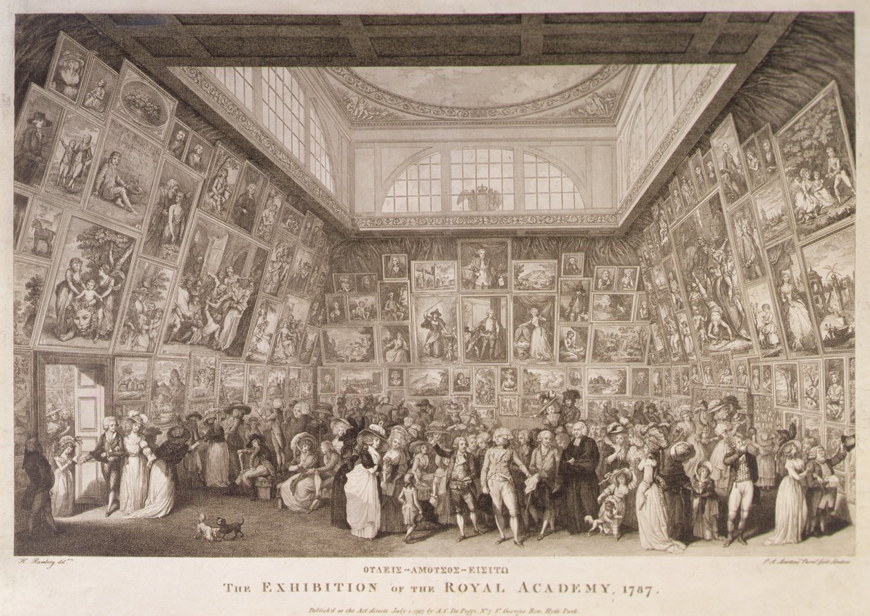 Innenansicht von Somerset House mit einer Ausstellung der Royal Academy of Arts im Jahr 1787 von Johann Heinrich Ramberg