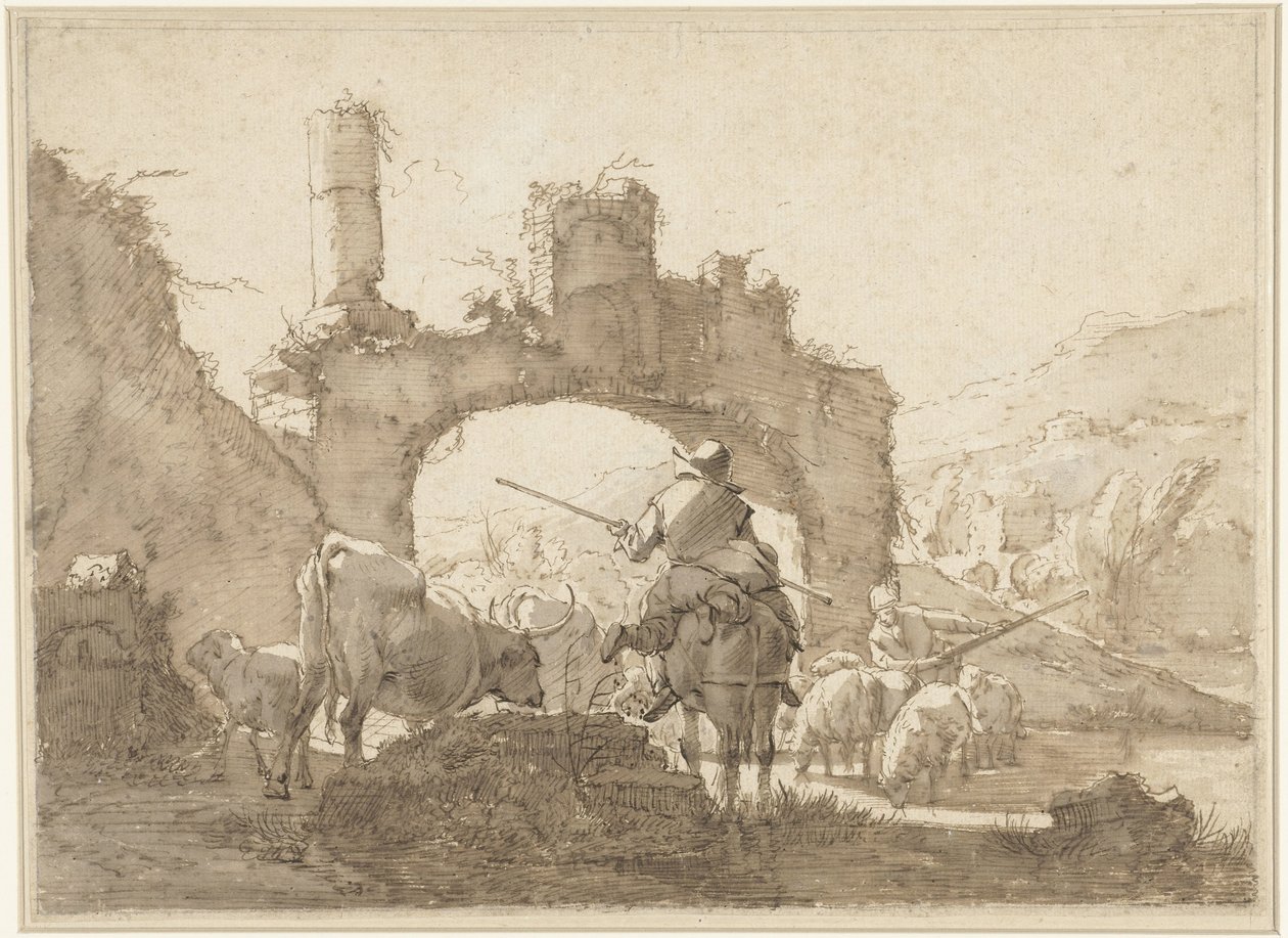 Zwei Hirten treiben ihr Vieh durch einen Fluss von Johann Heinrich Roos