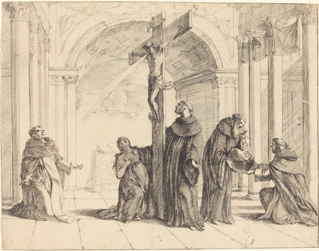 Ein Kruzifix in einer Kirche mit den Heiligen Thomas von Aquin, Maria Magdalena, Albertus Magnus und anderen von Johann Heinrich Schönfeld