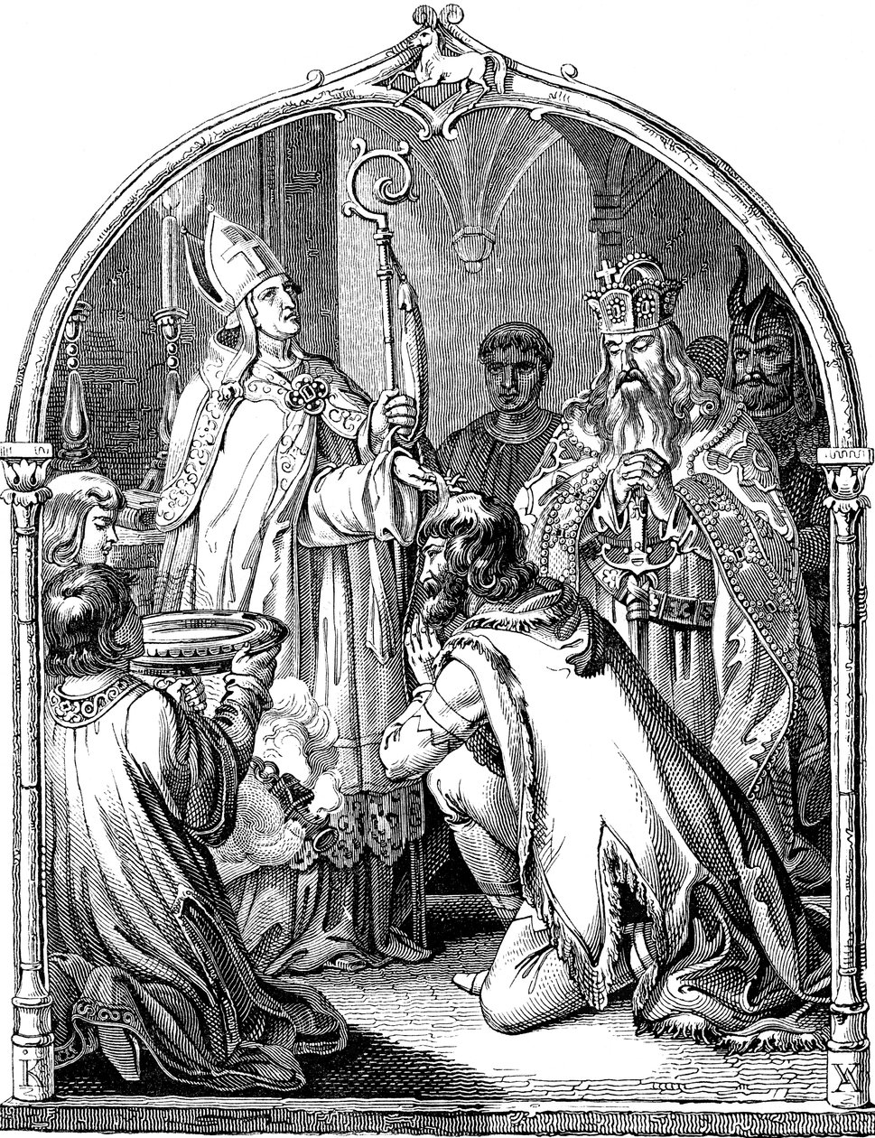 Taufe des sächsischen Anführers Widukind Illustration aus der Geschichte des deutschen Volkes von E. Duller, 1840 von Johann Jakob Kirchhoff