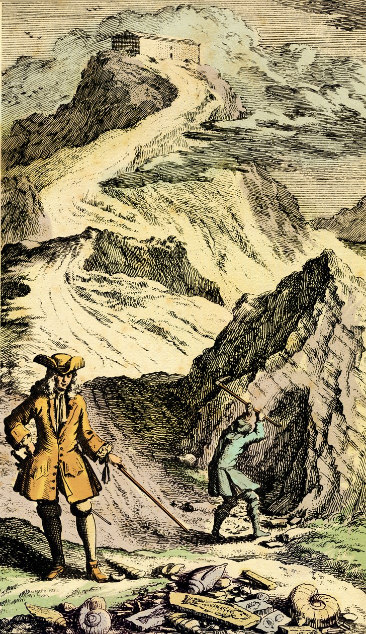 Paläontologie: Der Schweizer Naturforscher Johann Jakob Scheuchzer (1672-1733) entdeckte in den Schweizer Bergen die Spuren der universellen Sintflut dank Fossilien. Gravur aus „Museum Diluvianum“ von Johann Jakob Scheuchzer