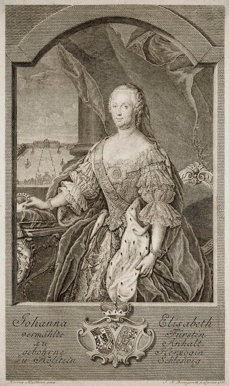 Porträt von Johanna-Elizabeth, Kurfürstin von Anhalt-Zerbst 1712-1760, Mutter von Katharina II., 1756 von Johann Martin Bernigeroth