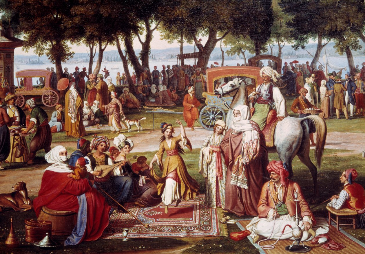 Süßwasser Asiens in Konstantinopel - Süßes Leben: Gruppe von Männern und Frauen beim Rauchen und Tanzen (Detail) von Johann Michael Wittmer