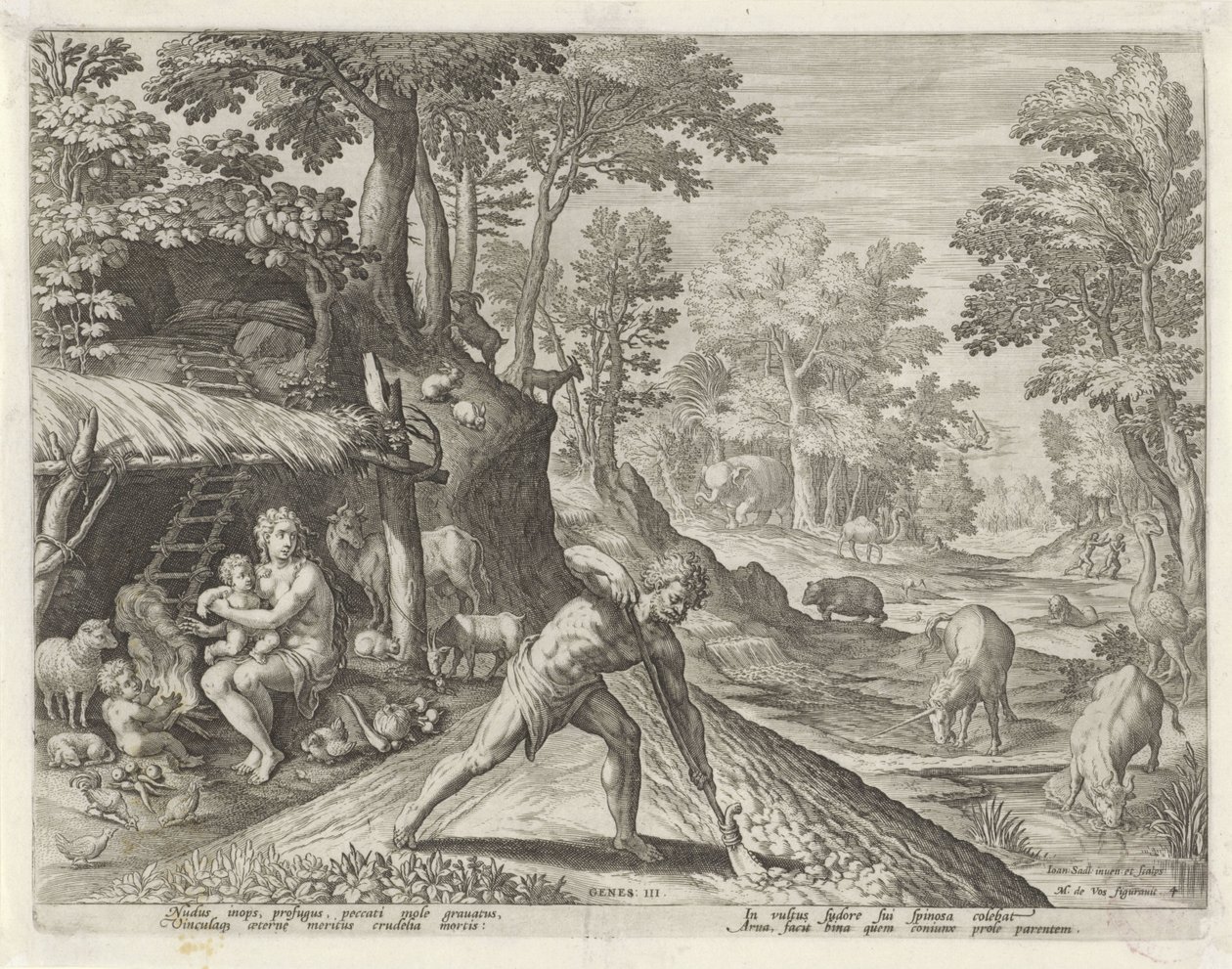 Adam und Eva bei der Arbeit außerhalb des Paradieses (Serie: Geschichte der Familie von Kain / Über gute und schlechte Arbeiten, Boni et mali scientia) von Johann Sadeler (I)