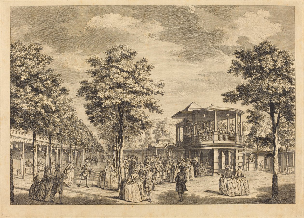 Vauxhall Gardens zeigt den großen Spaziergang am Eingang des Gartens und das Orchester mit Musik von Johann Sebastian Müller after Samuel Wale