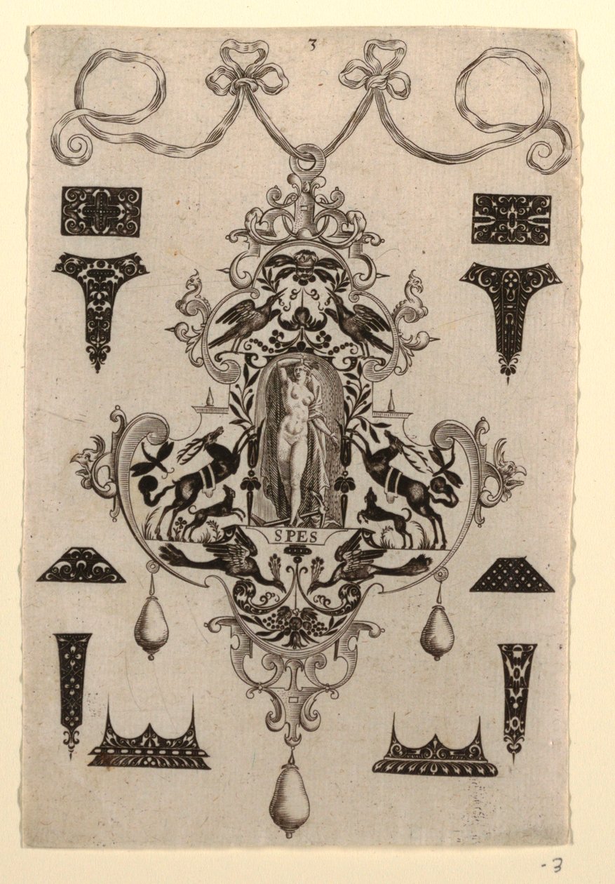 Anhängerdesign mit der Tugend Hoffnung, Tafel 3, aus einer Serie von acht Anhängerdesigns mit den Kardinaltugenden von Johann Theodor de Bry