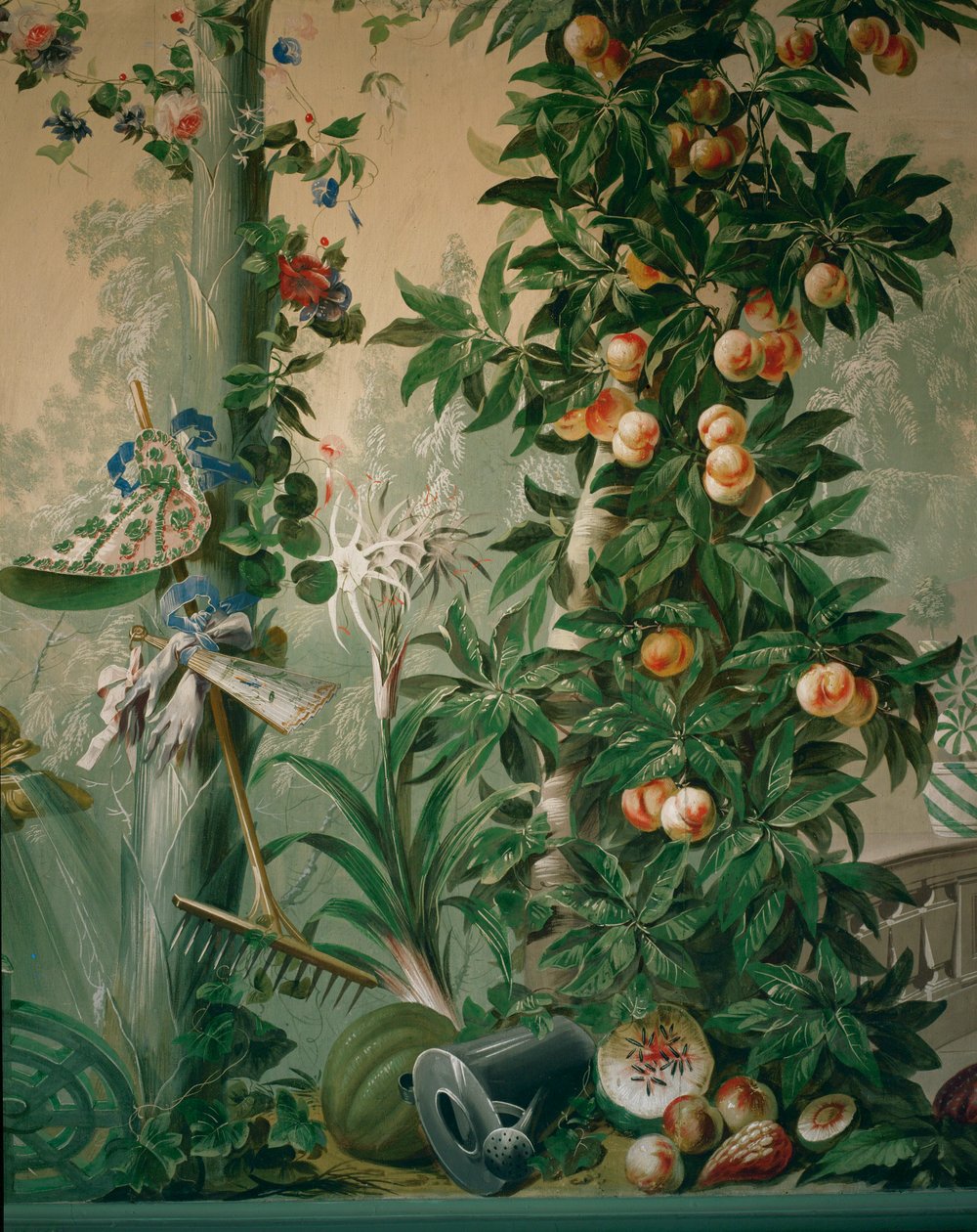 Gartenszene, Obstbaum und ein Damenhut, Handschuhe und Rechen im Gartenraum von Johann Wenzel Bergl