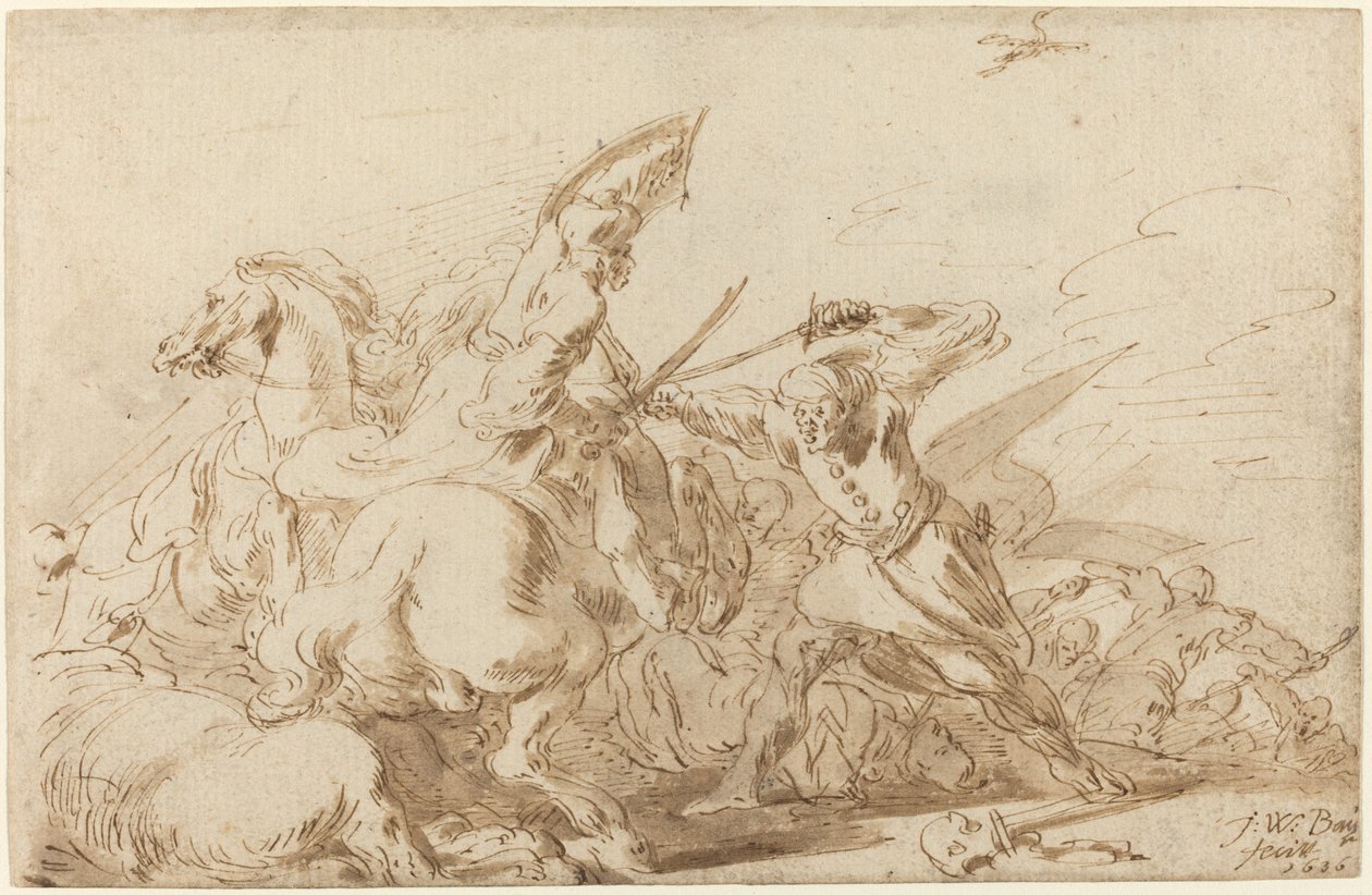 Eine Schlacht zwischen orientalischer Kavallerie und Soldaten von Johann Wilhelm Baur