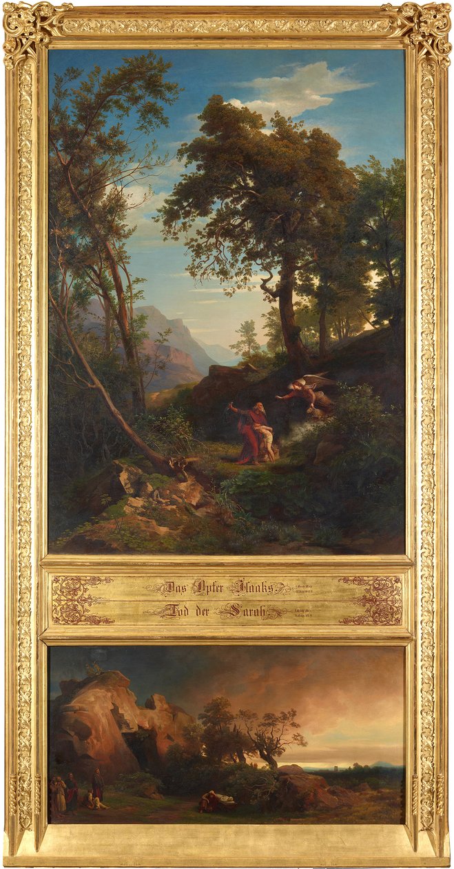 Das Opfer Isaaks (oben). Abrahams Klage um Sarah (unten). Aus dem Zyklus "Zwölf biblische Landschaften mit der Geschichte Abrahams" von Johann Wilhelm Schirmer