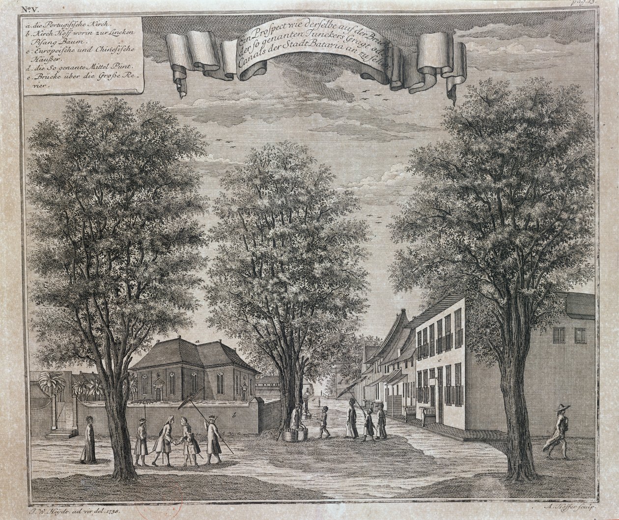 Die portugiesische Kirche und chinesische sowie europäische Häuser in einer Straße in Batavia, aus einer Serie von Ansichten von Batavia 