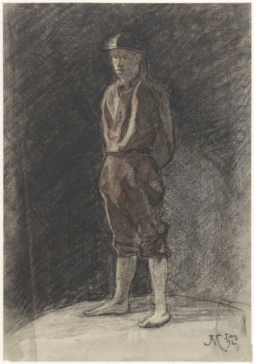 Stehender Mann mit Helm und aufgerollten Buchspijpen von Johannes Abraham Mondt