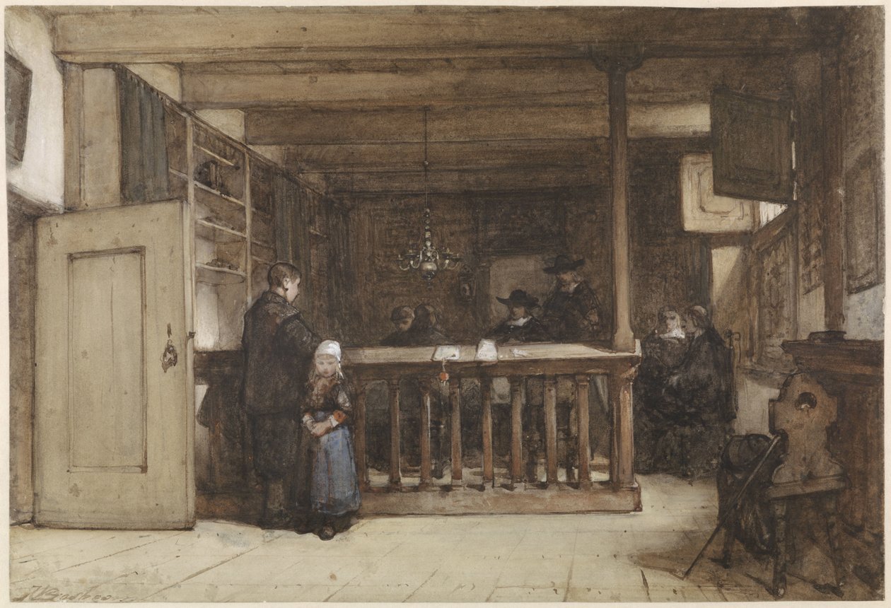 Zahltag: Das Schiffszimmer im Gerichtshaus von Nieuw-Loosdrecht, ausgestattet mit Figuren aus dem 17. Jahrhundert von Johannes Bosboom